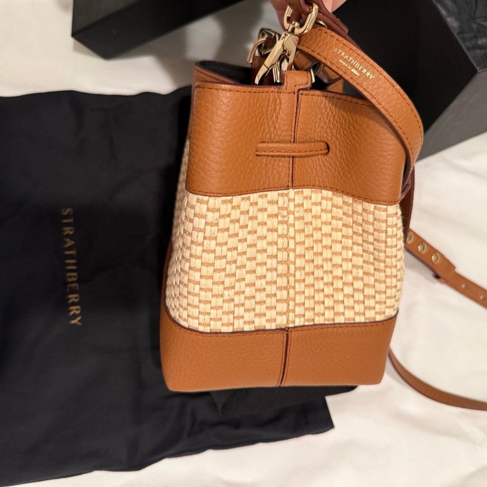 STRATHBERRY Lana Osette Bag Cotton Raffia Leather Tan Brown Shoulder Gold EUC - Picture 7 of 14
